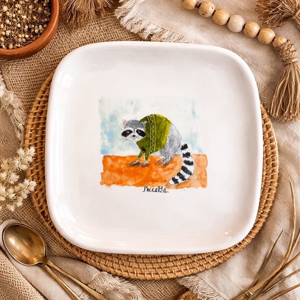 Rae Dunn Raccoon Sweaters‎ Ceramic Square Serving Plate